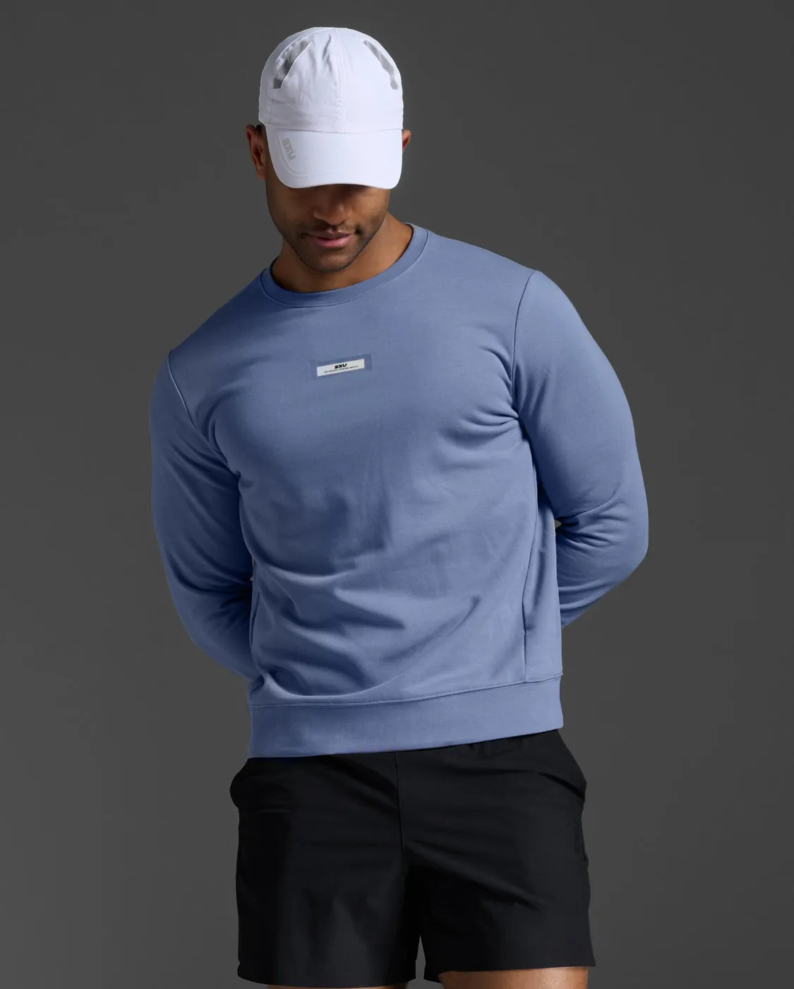 2XU Mens Motion French Terry Crew - Blue Stone/White