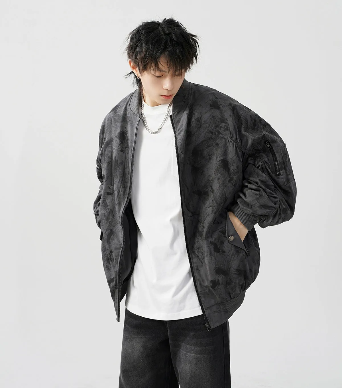 Abstract Print Bomber Jacket with Ruched Sleeve