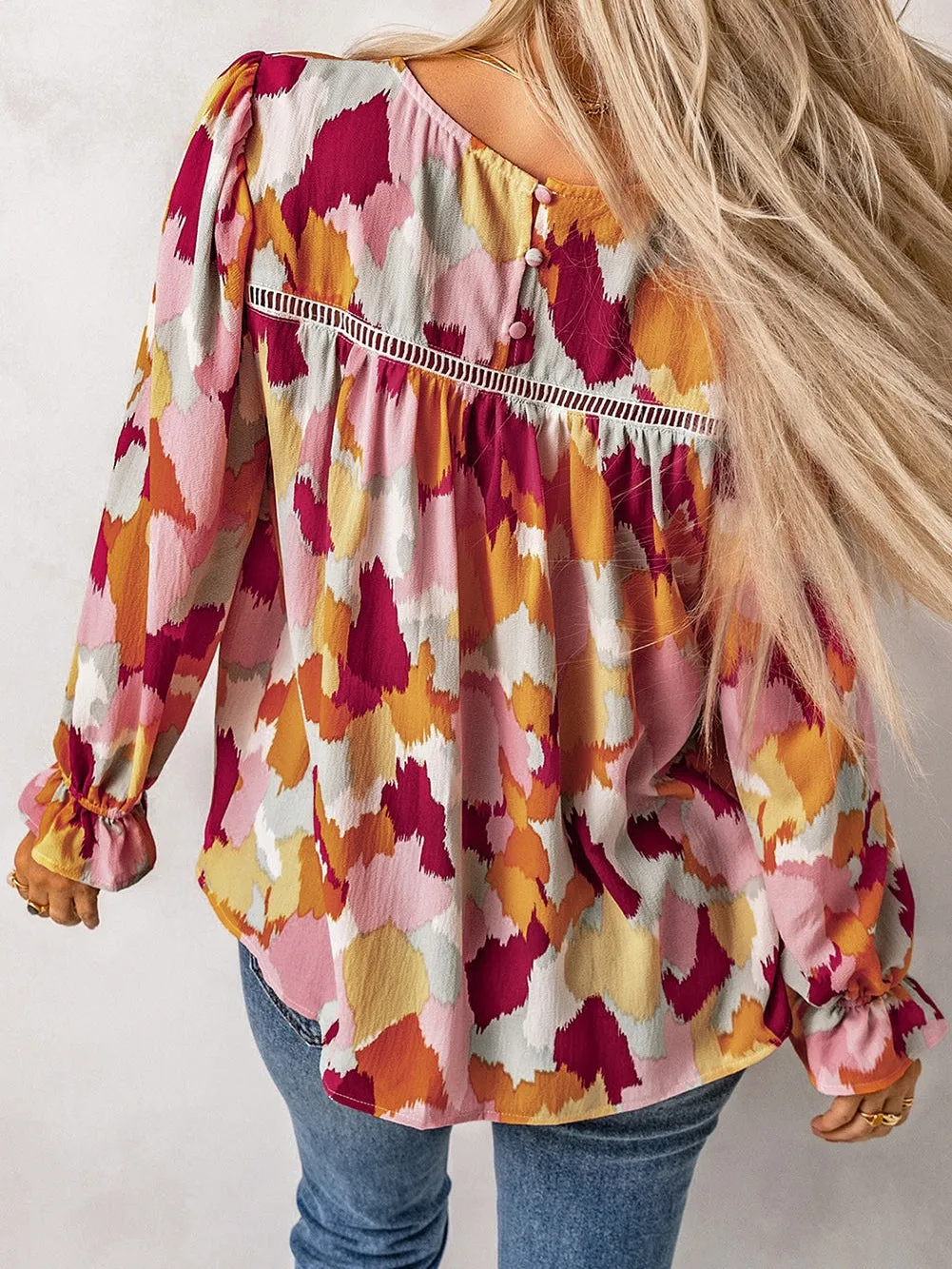 Abstract Print Puffy Sleeve Loose Blouse for Women