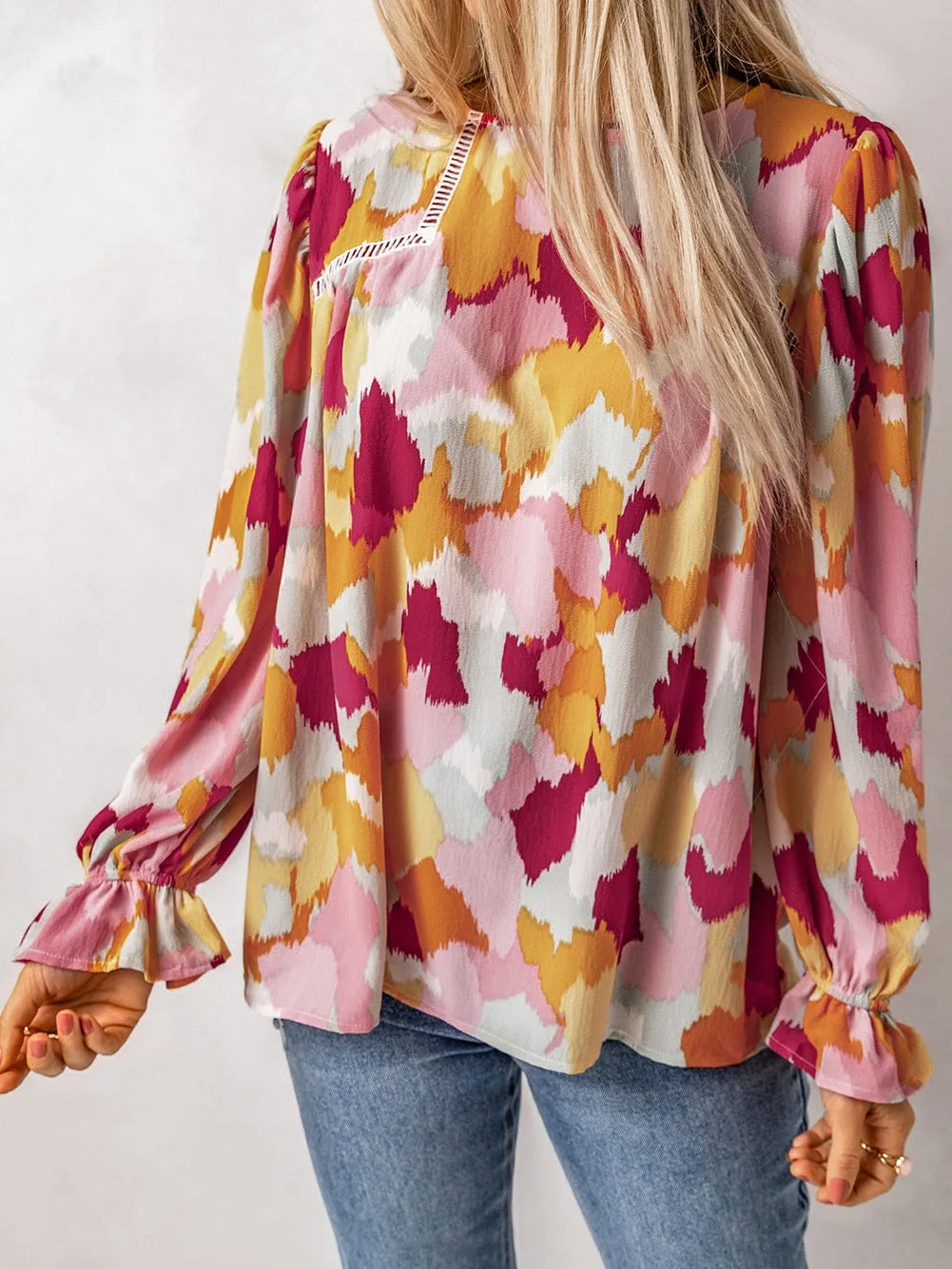 Abstract Print Puffy Sleeve Loose Blouse for Women