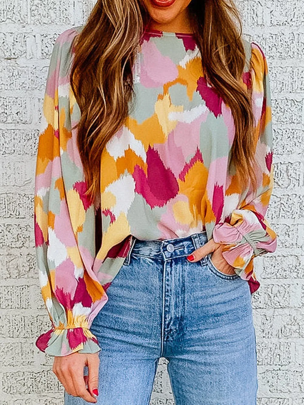 Abstract Print Puffy Sleeve Loose Blouse for Women