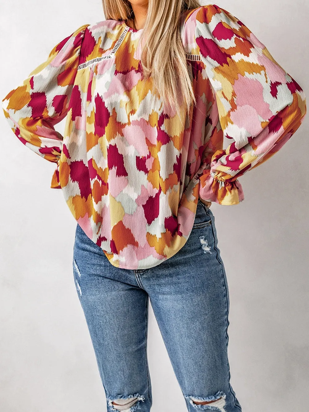 Abstract Print Puffy Sleeve Loose Blouse for Women