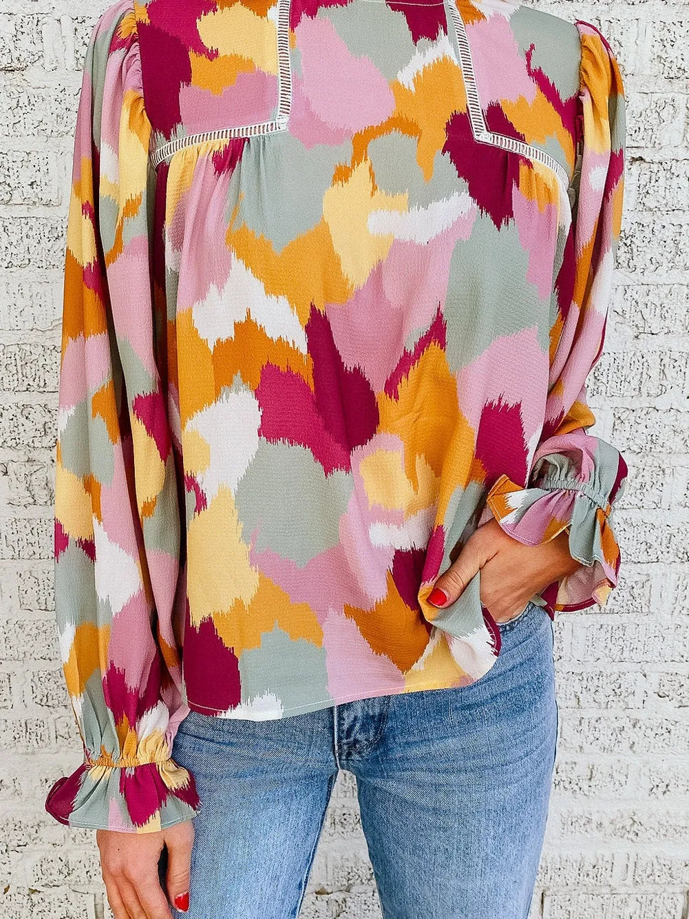 Abstract Print Puffy Sleeve Loose Blouse for Women