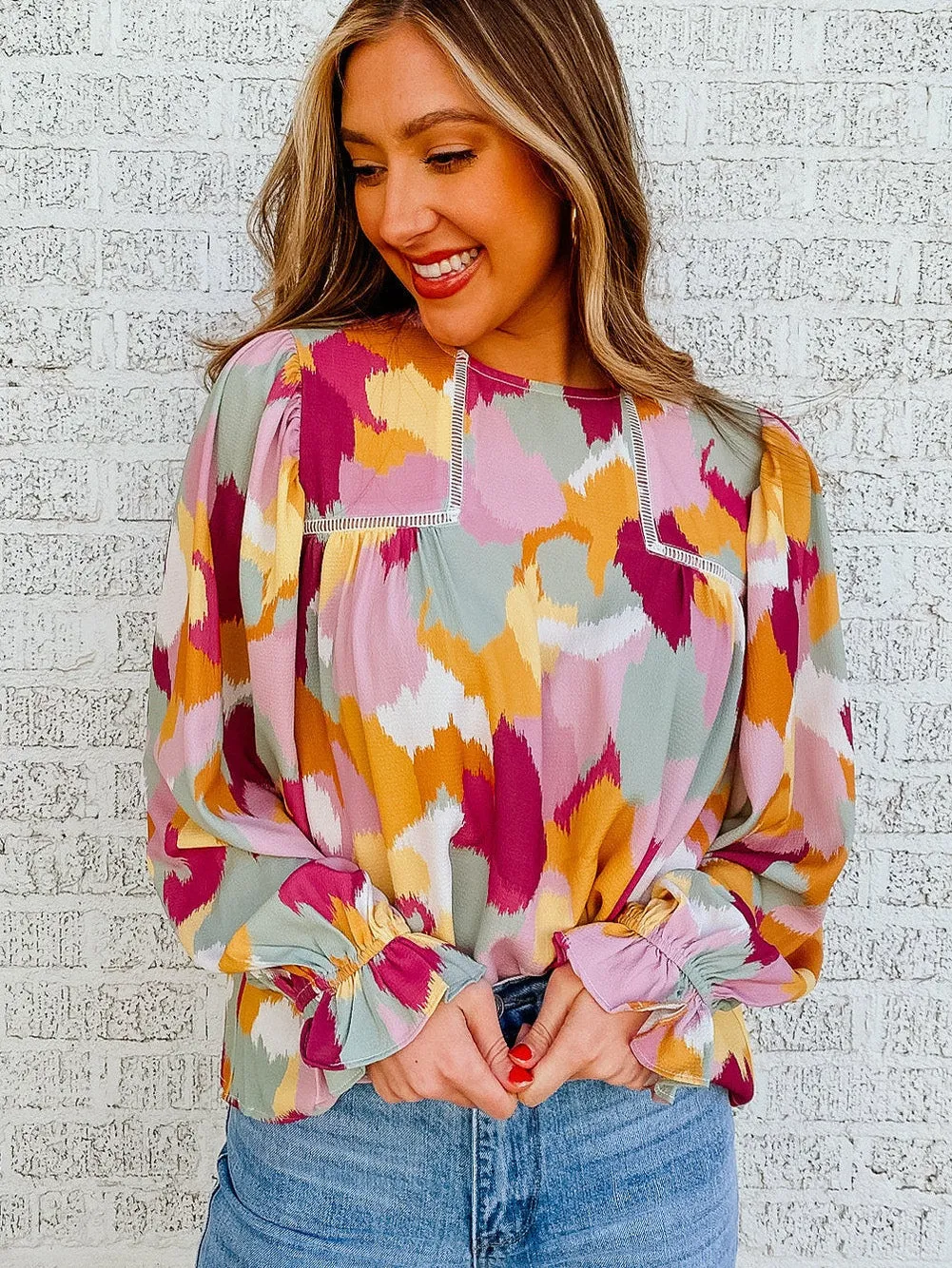 Abstract Print Puffy Sleeve Loose Blouse for Women