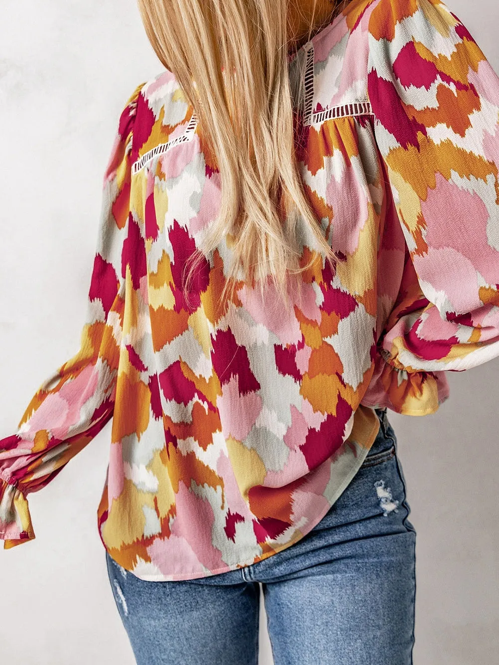 Abstract Print Puffy Sleeve Loose Blouse for Women