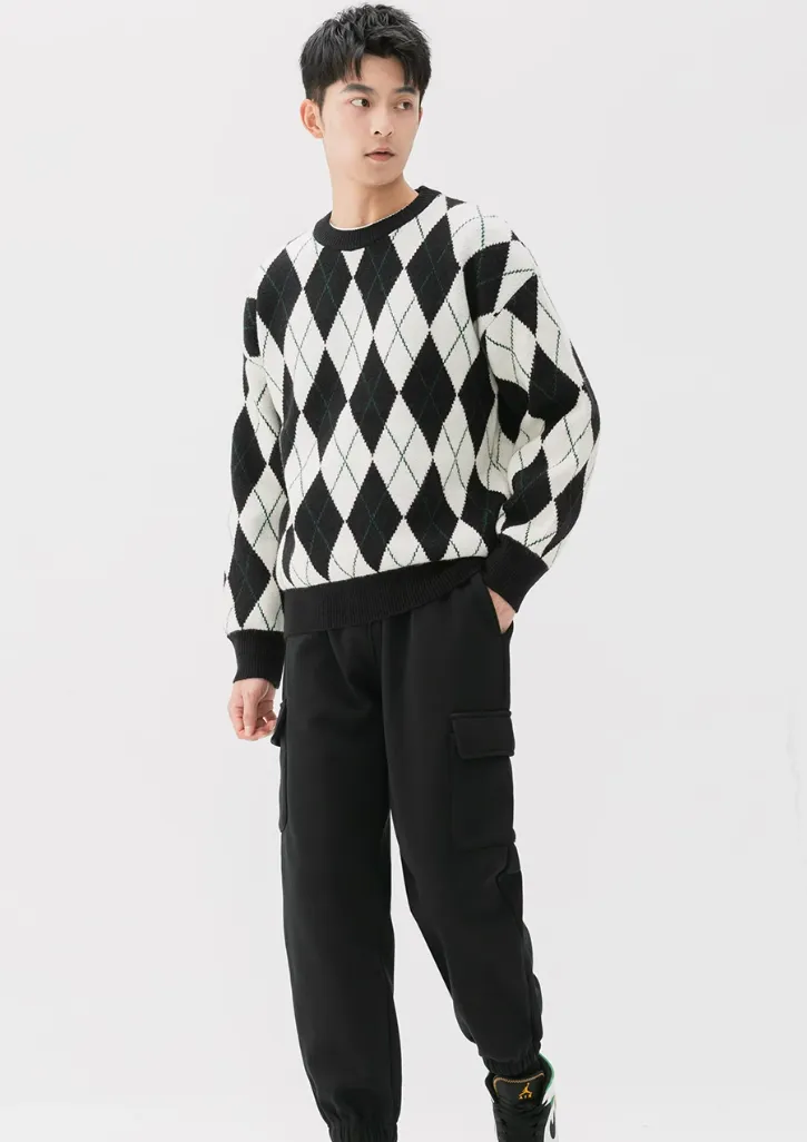 Argyle Pattern Ribbed Trim Sweatshirt