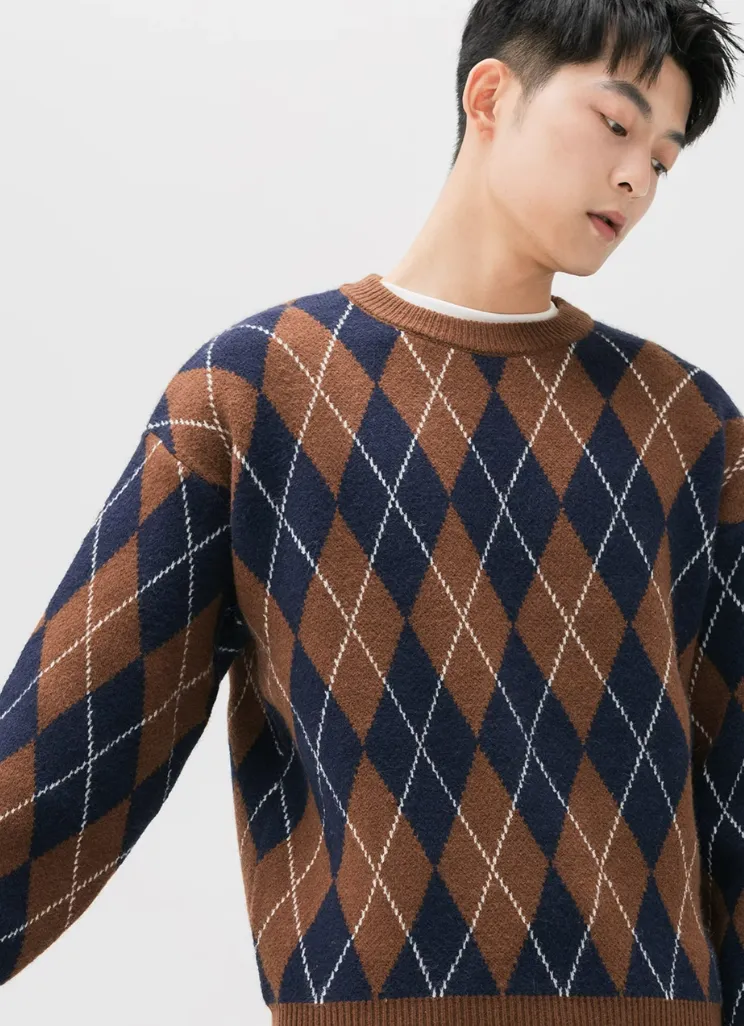 Argyle Pattern Ribbed Trim Sweatshirt