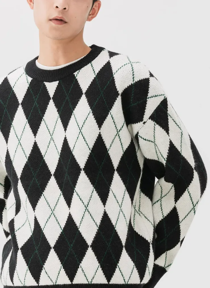 Argyle Pattern Ribbed Trim Sweatshirt