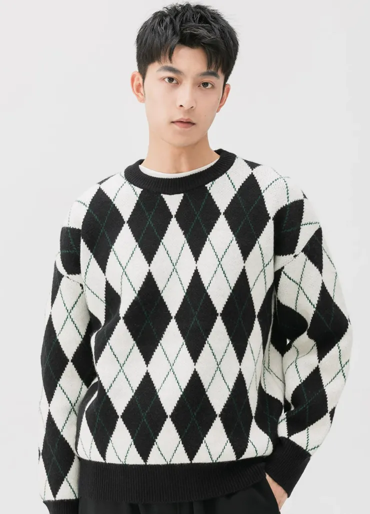 Argyle Pattern Ribbed Trim Sweatshirt