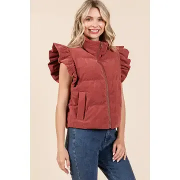 Avalyn - Corduroy Ruffled Sleeve Puffer Vest - Marsala