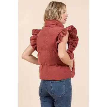 Avalyn - Corduroy Ruffled Sleeve Puffer Vest - Marsala