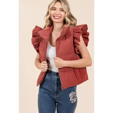 Avalyn - Corduroy Ruffled Sleeve Puffer Vest - Marsala