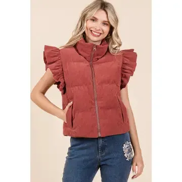 Avalyn - Corduroy Ruffled Sleeve Puffer Vest - Marsala