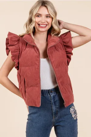 Avalyn - Corduroy Ruffled Sleeve Puffer Vest - Marsala