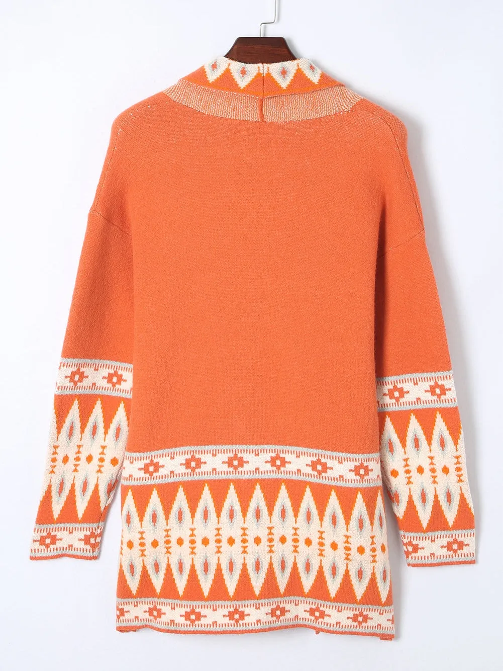 Aztec Print Orange Knit Duster Cardigan with Open Front