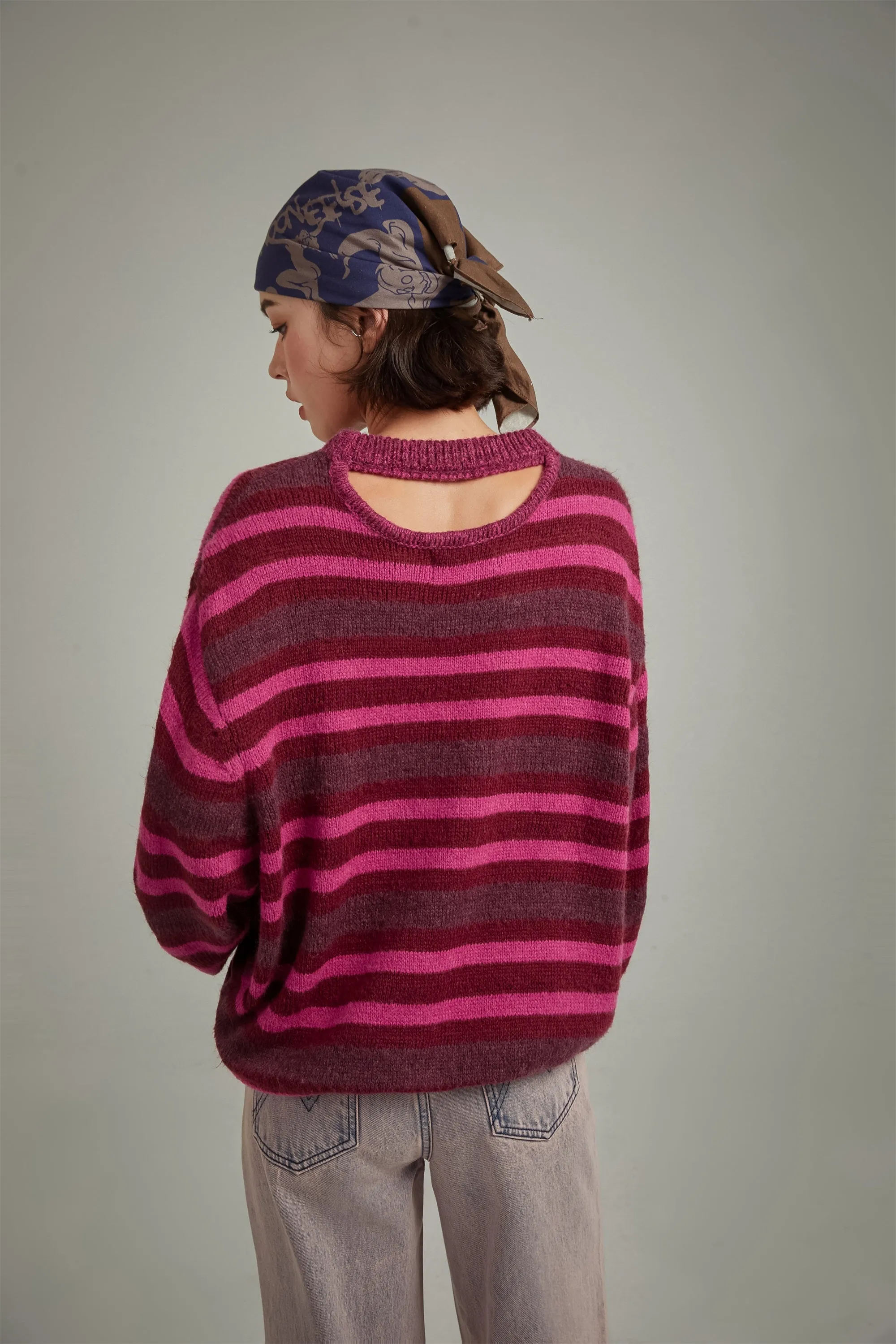 Back Slit Striped Knit Sweater