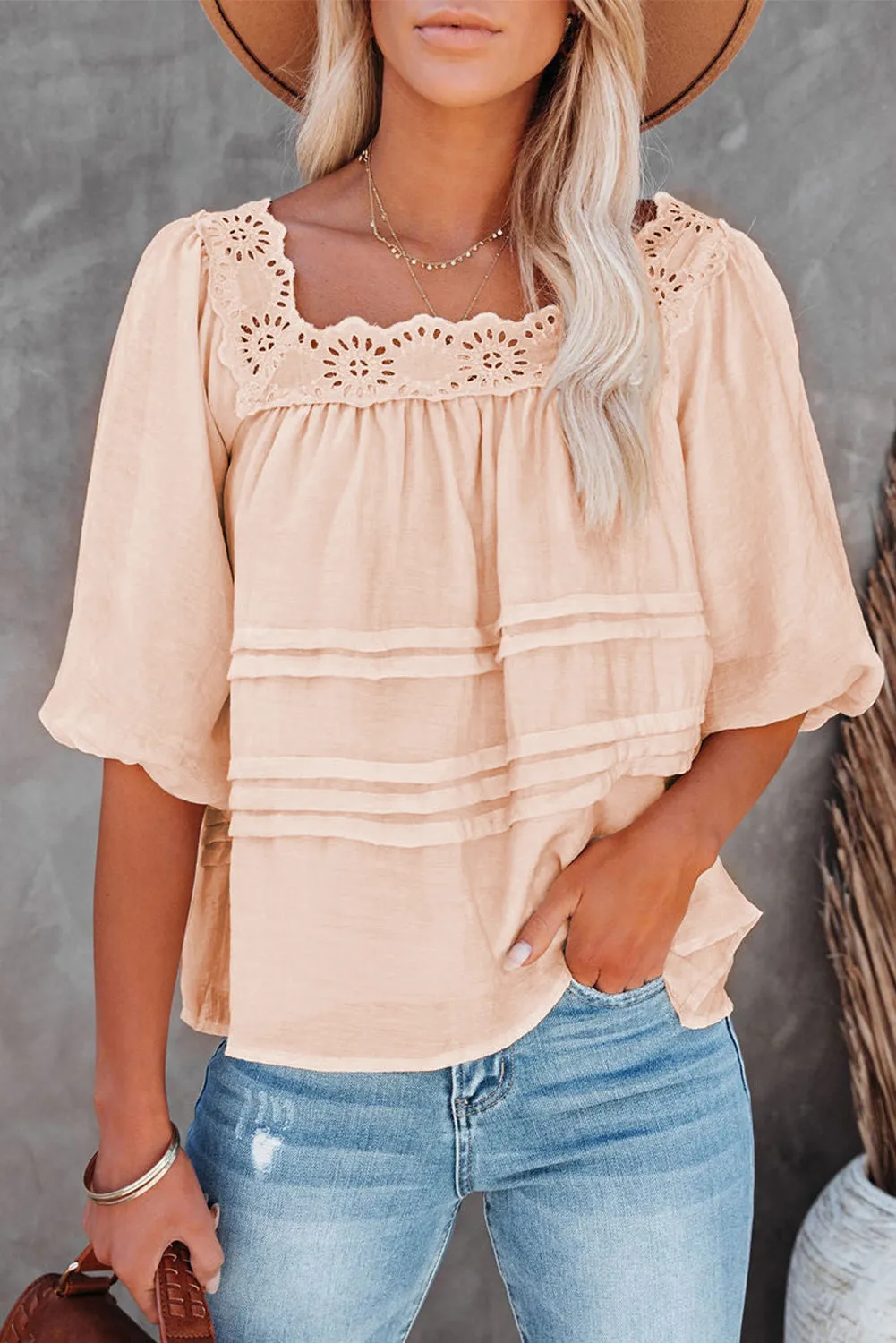 Beige Puff Sleeve Eyelet Babydoll Blouse