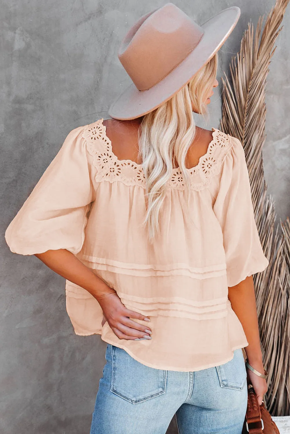 Beige Puff Sleeve Eyelet Babydoll Blouse