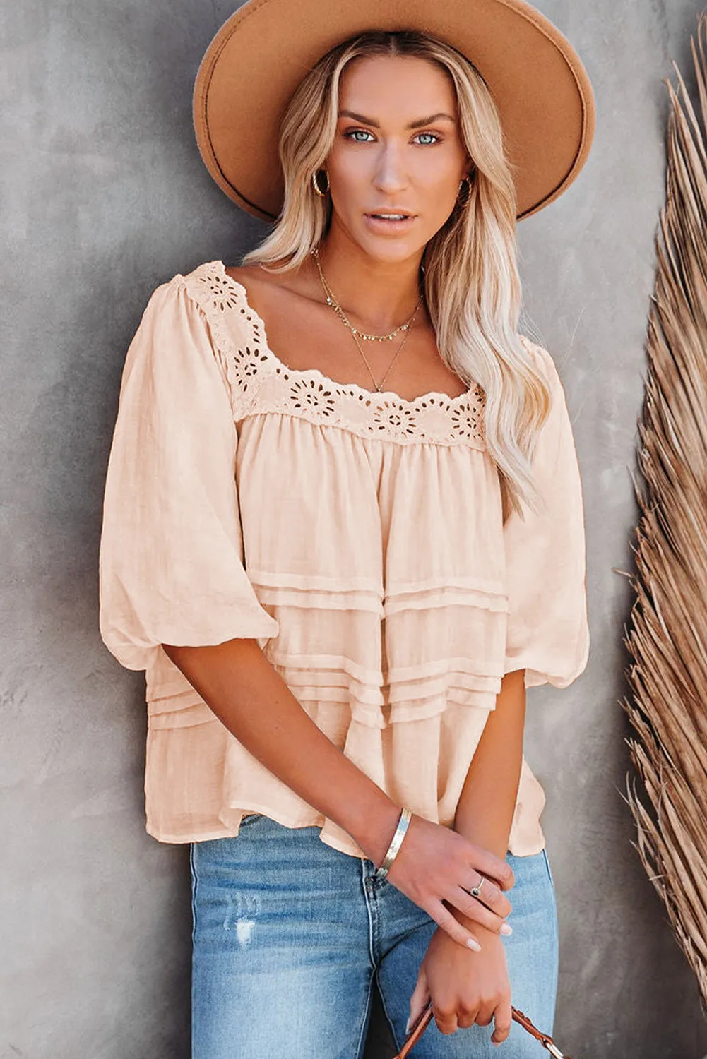 Beige Puff Sleeve Eyelet Babydoll Blouse