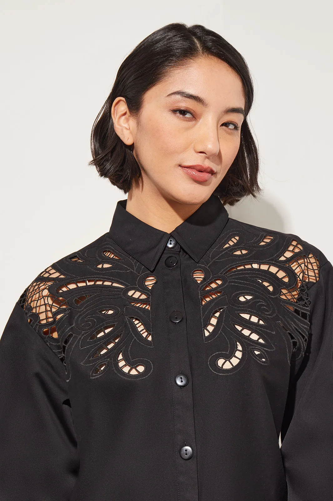 Bishop Sleeve Blouse - Floral Lace Stretch Cotton, Black