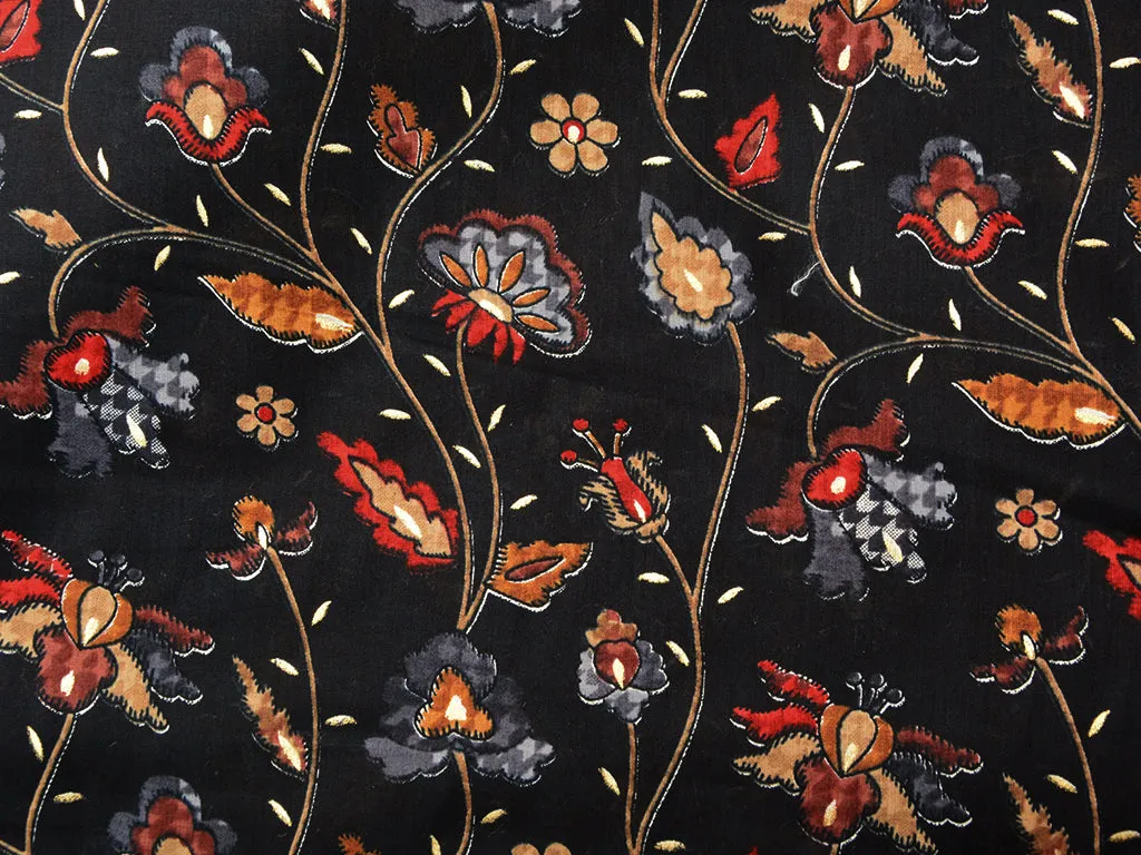 Black Floral  Pure Mul Mul Cotton Fabric