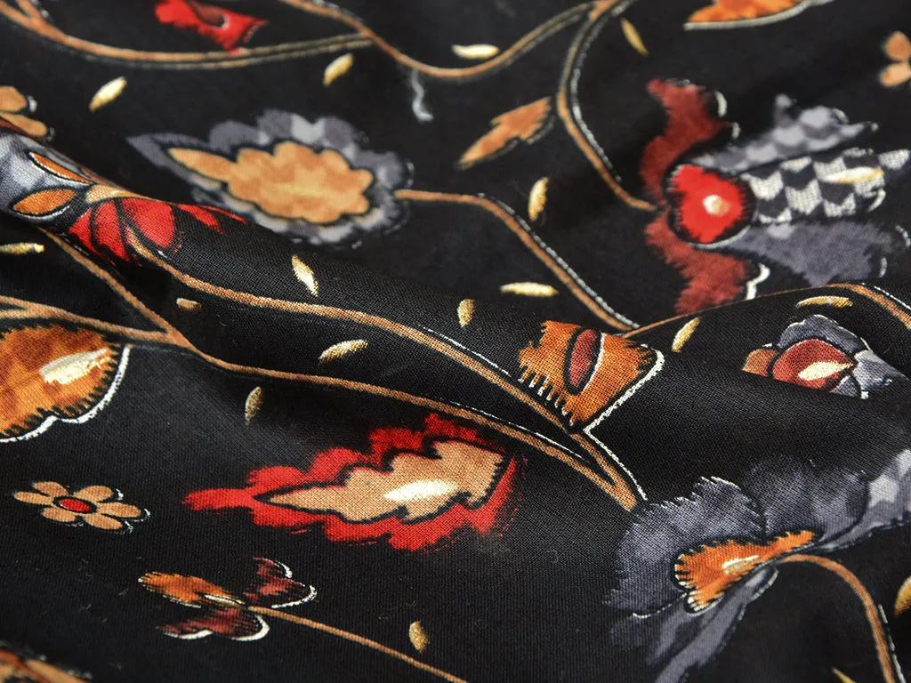 Black Floral  Pure Mul Mul Cotton Fabric