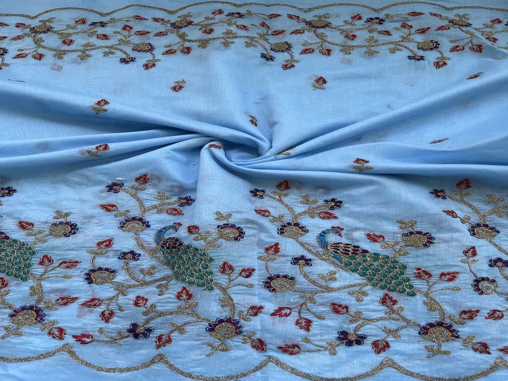 Blue Floral Embroidered Chanderi Fabric  (Wholesale)