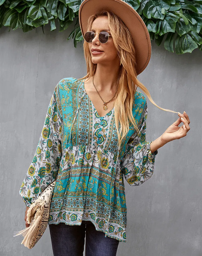 Bohemian Casual Long Sleeve Printed Shirt