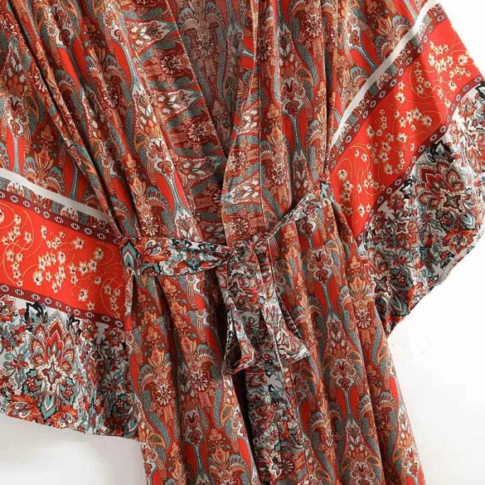 Boho Vintage Red Print Belt Robe Cardigan Outerwear