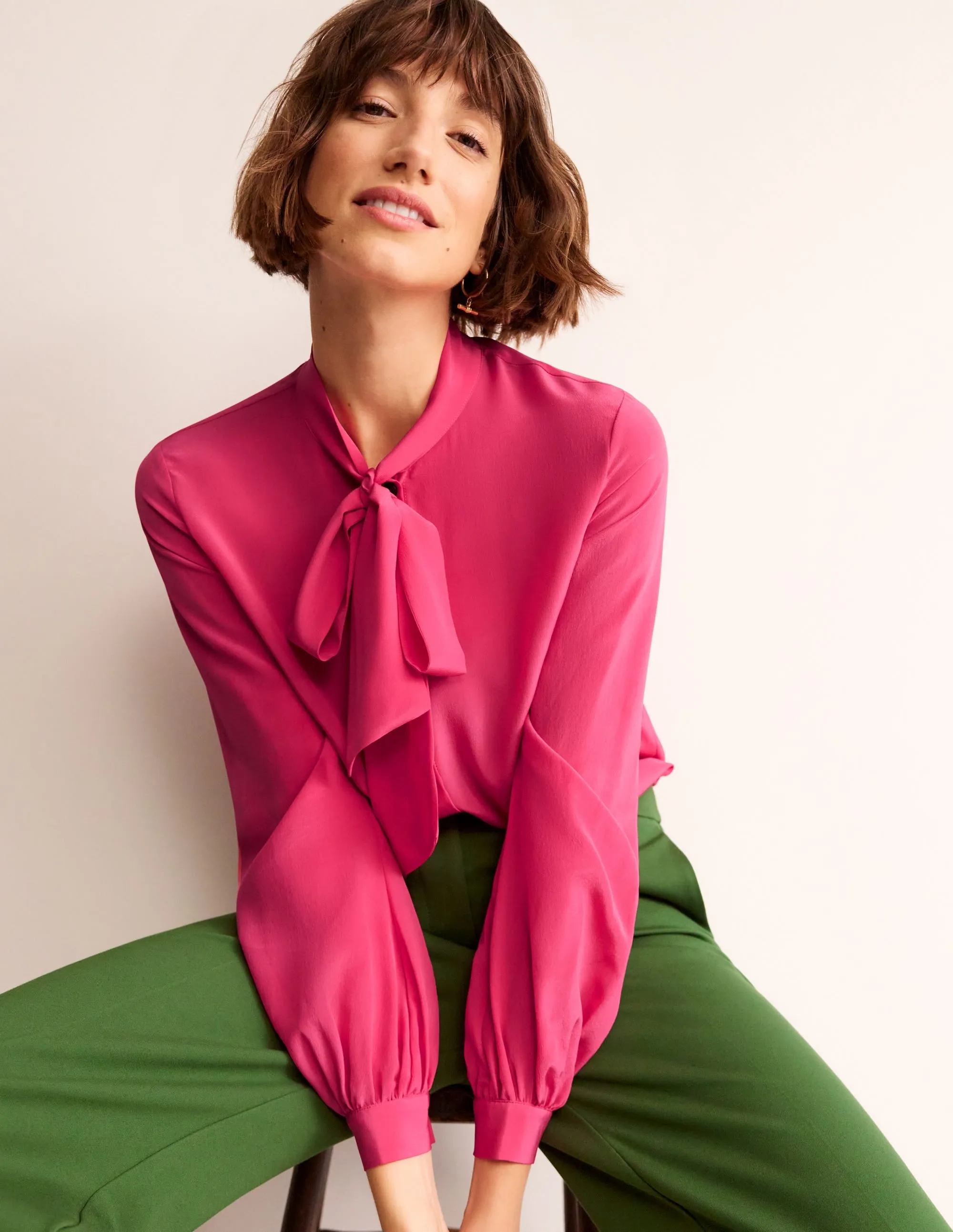 Bow Neck Button Down Blouse-Rethink Pink