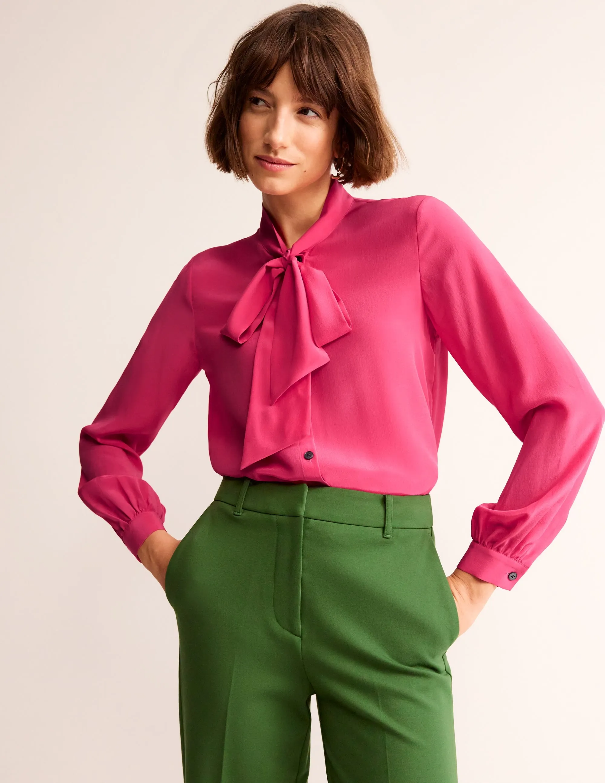 Bow Neck Button Down Blouse-Rethink Pink