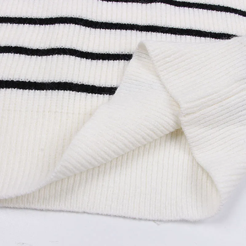 Breton Striped Ivory Crew Neck Long Sleeve Half Zip Rib Knit Sweater