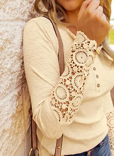 BTFBM Women Long Sleeve V Neck Button Up Solid Tops Blouses Trendy Slim Fit Lace Sleeves Ribbed Knit Casual Shirts Tunic (Lace Yellow Apricot, Medium)