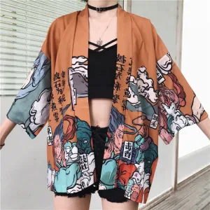 Cartoon Fire Print Casual Vintage Kimono Outerwear