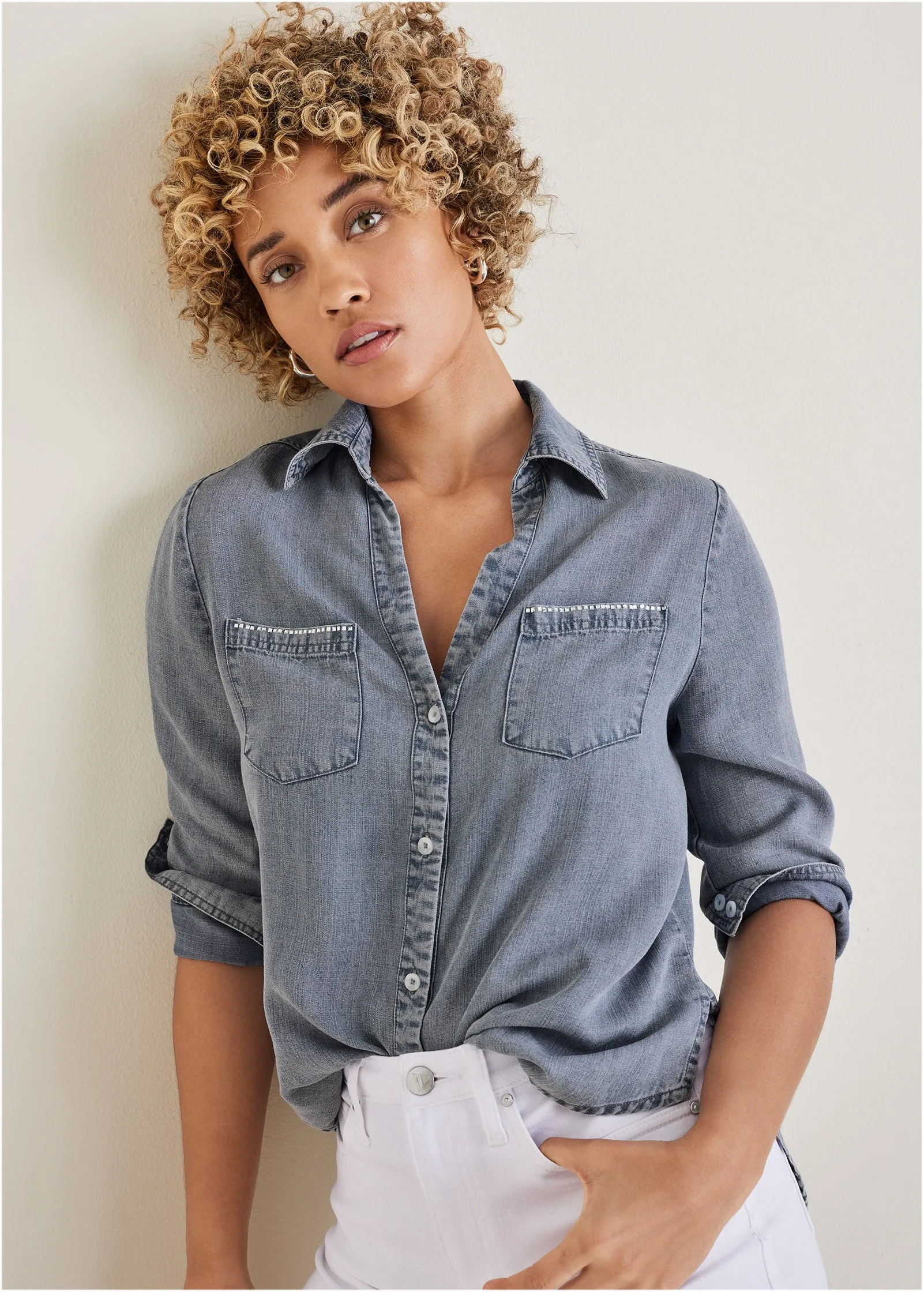 Chambray Button-Down Top - Medium Wash