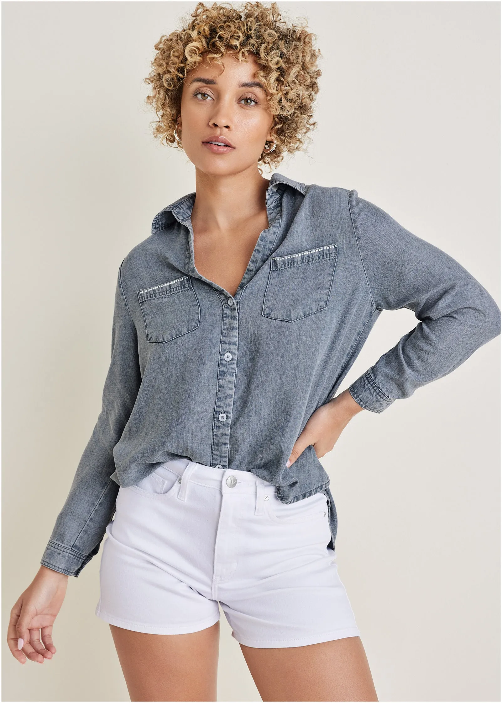 Chambray Button-Down Top - Medium Wash