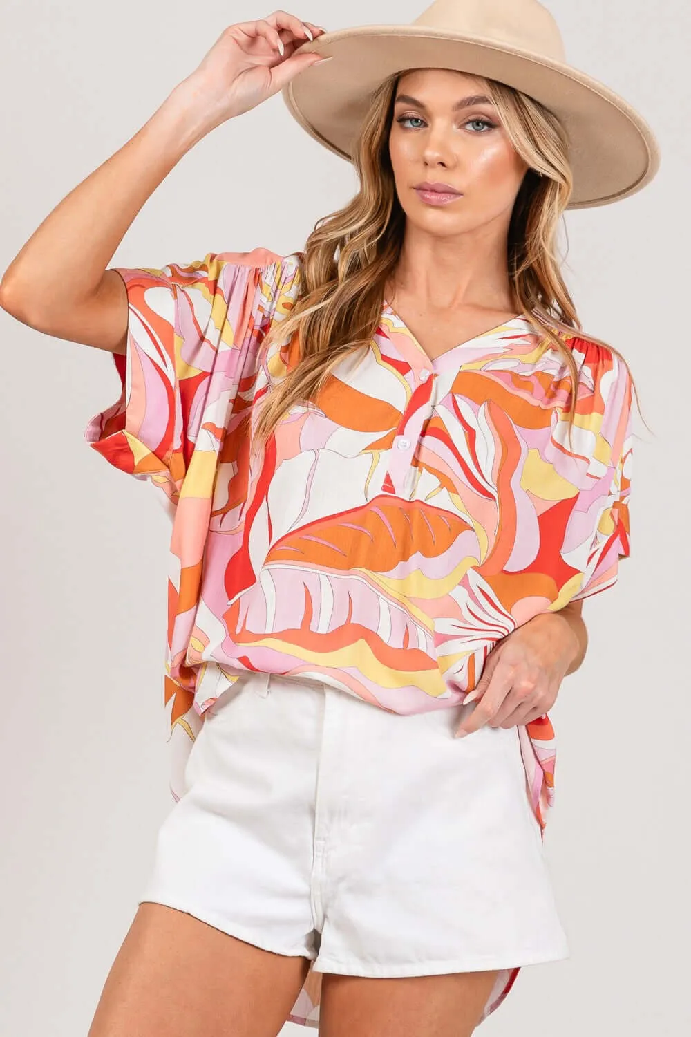 Coral Abstract Print Half Button Blouse