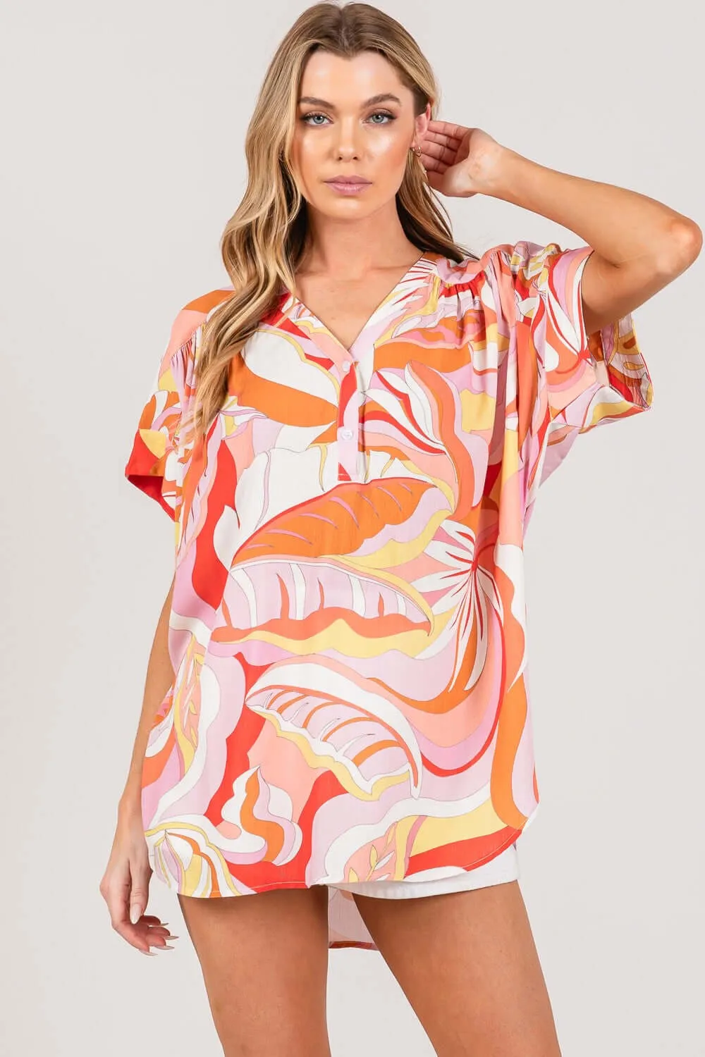 Coral Abstract Print Half Button Blouse