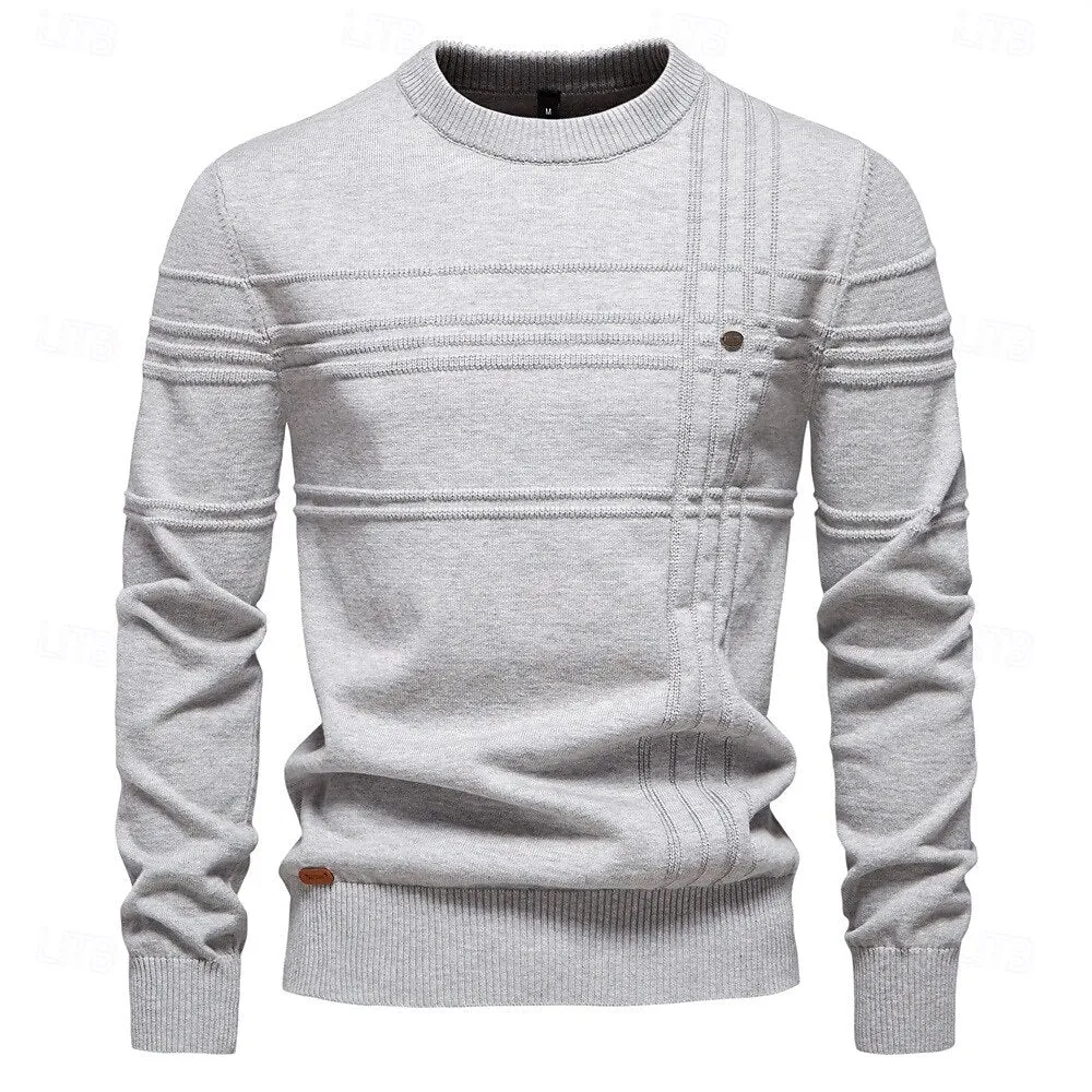 Cotton Knitted Stripped Crew Neck Pullover Sweater