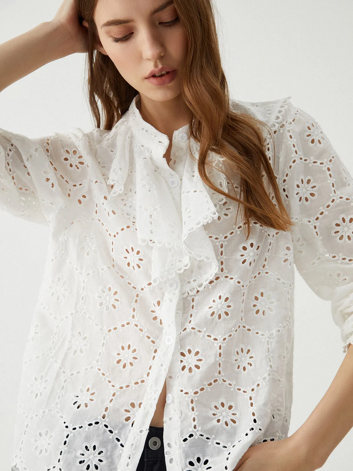 Cotton Ruffle Graceful Eyelet Blouse