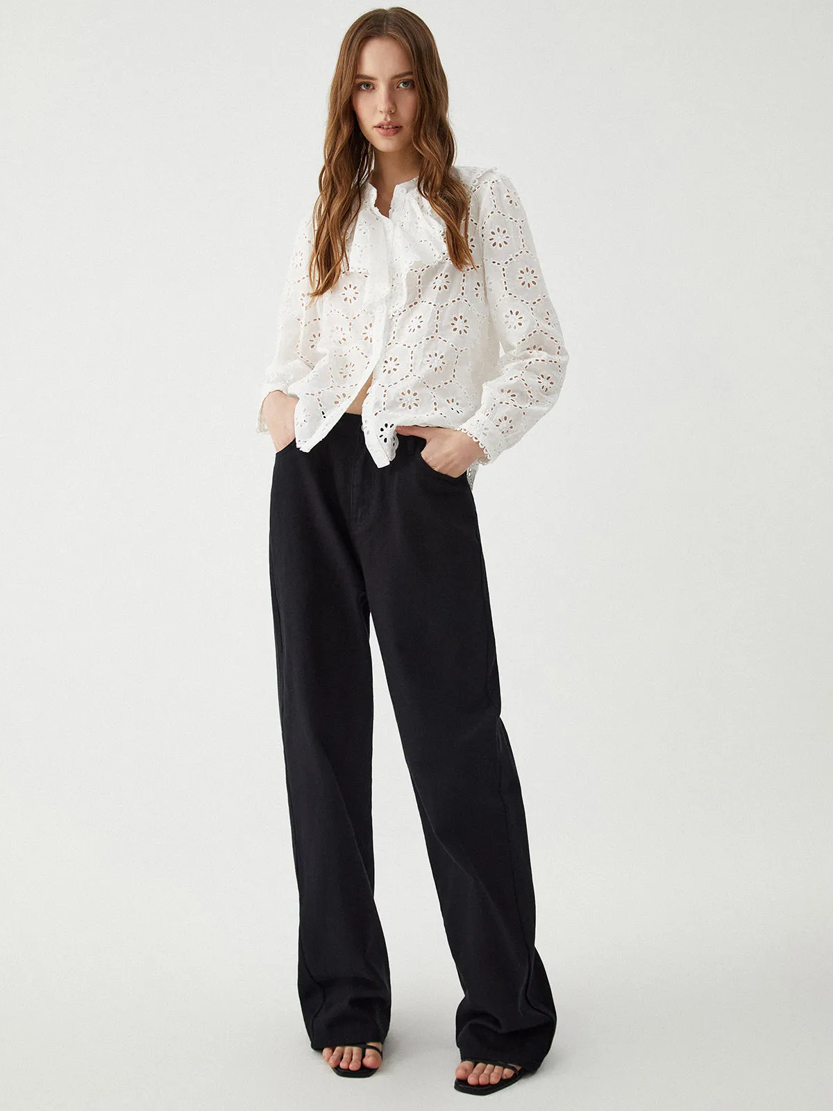 Cotton Ruffle Graceful Eyelet Blouse