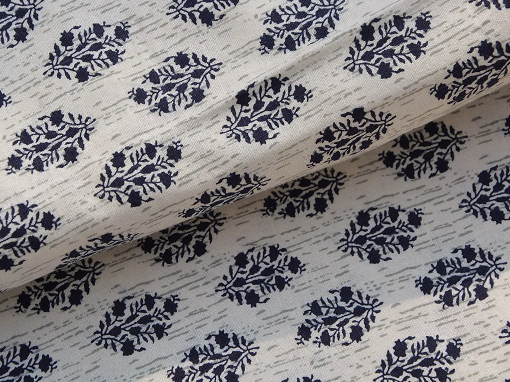 Cream & Blue Traditional 100% Pure Cotton Fabric