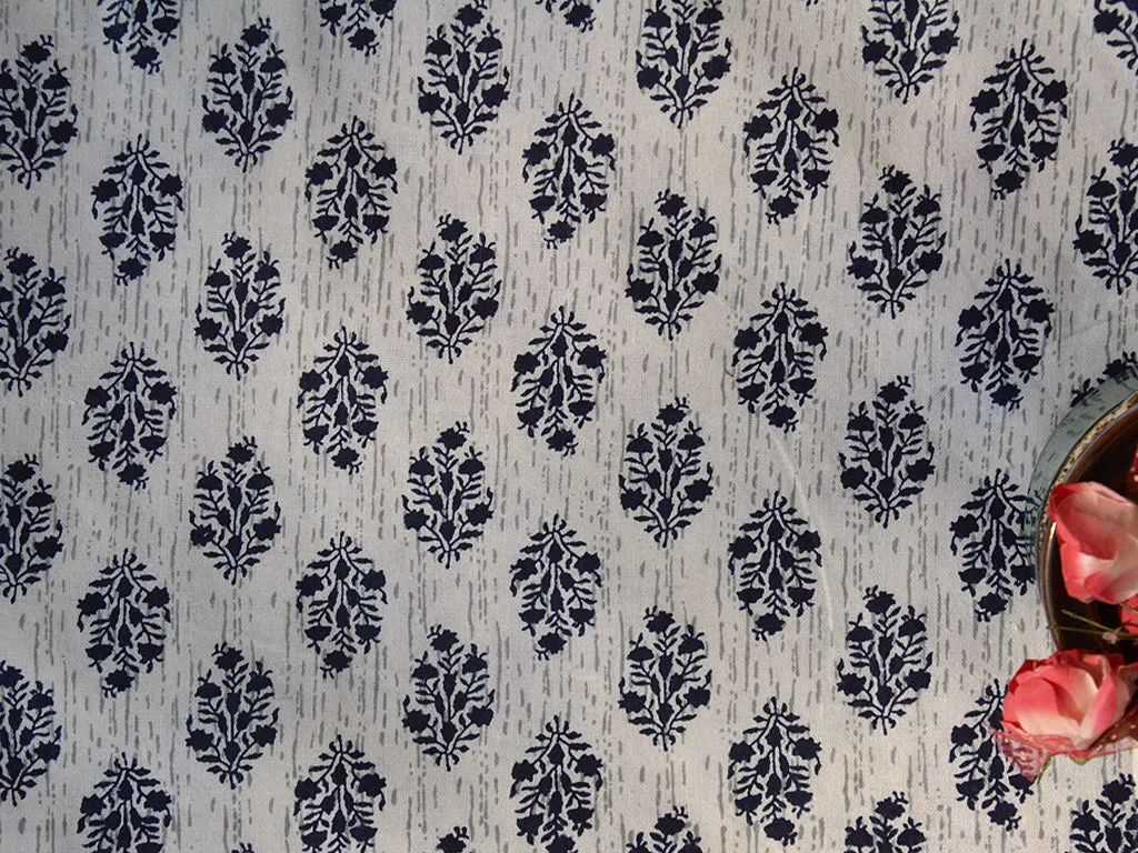 Cream & Blue Traditional 100% Pure Cotton Fabric