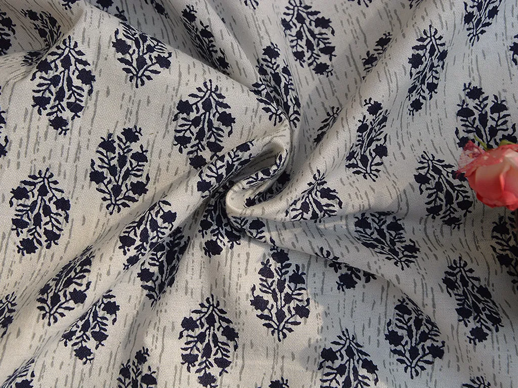 Cream & Blue Traditional 100% Pure Cotton Fabric