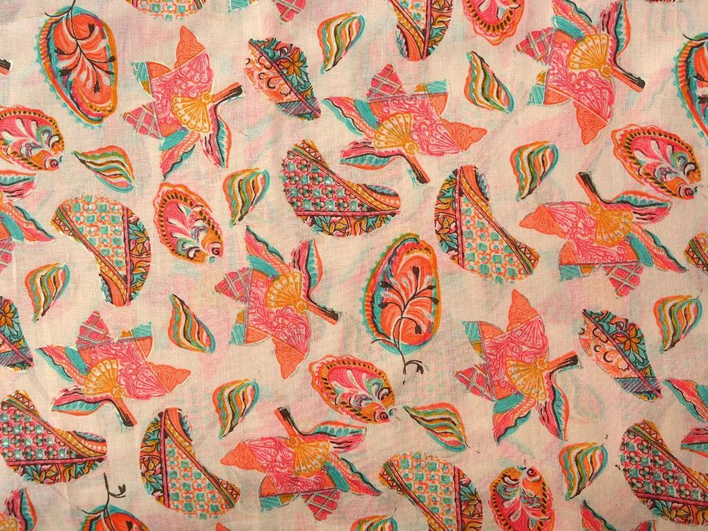 Cream & Orange Quirky Pure Mul Mul Cotton Fabric