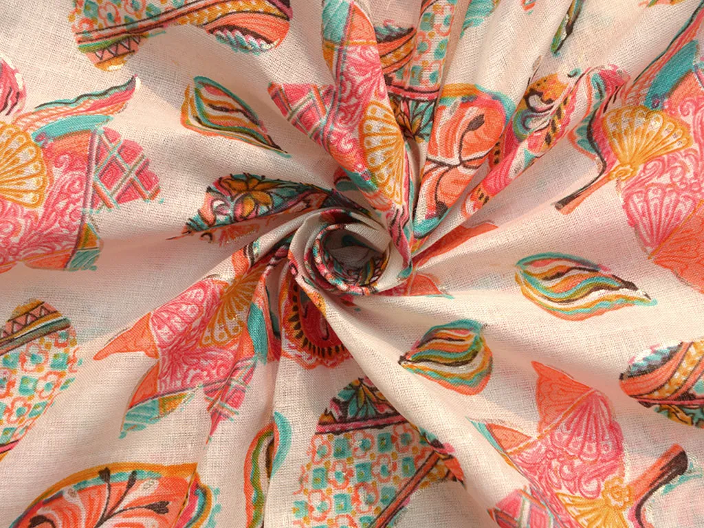 Cream & Orange Quirky Pure Mul Mul Cotton Fabric