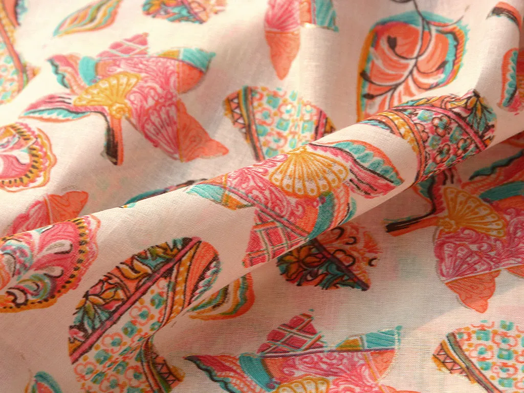 Cream & Orange Quirky Pure Mul Mul Cotton Fabric