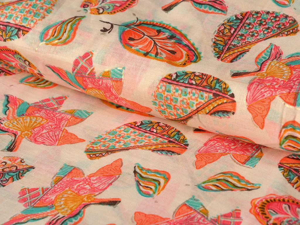 Cream & Orange Quirky Pure Mul Mul Cotton Fabric