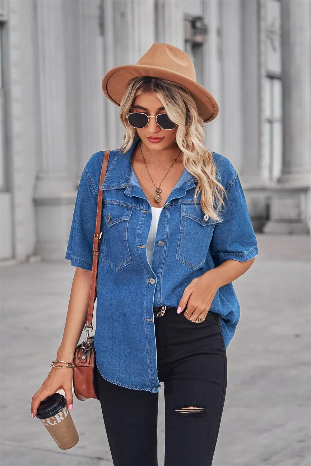 Denim Shirt Short Sleeve Top