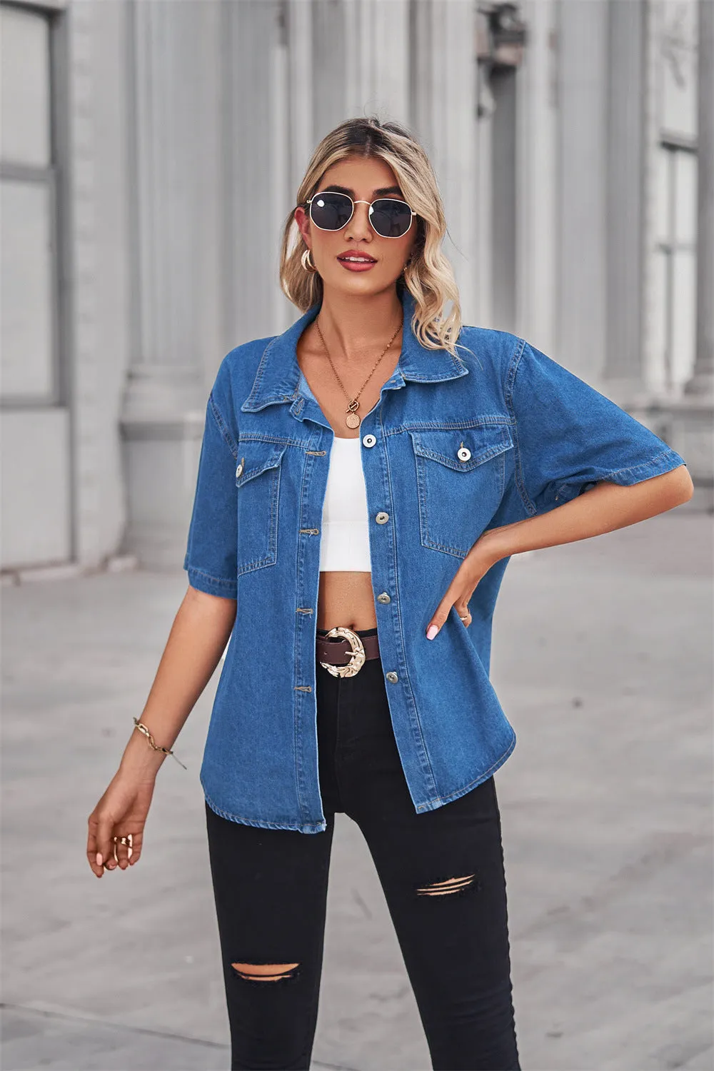 Denim Shirt Short Sleeve Top